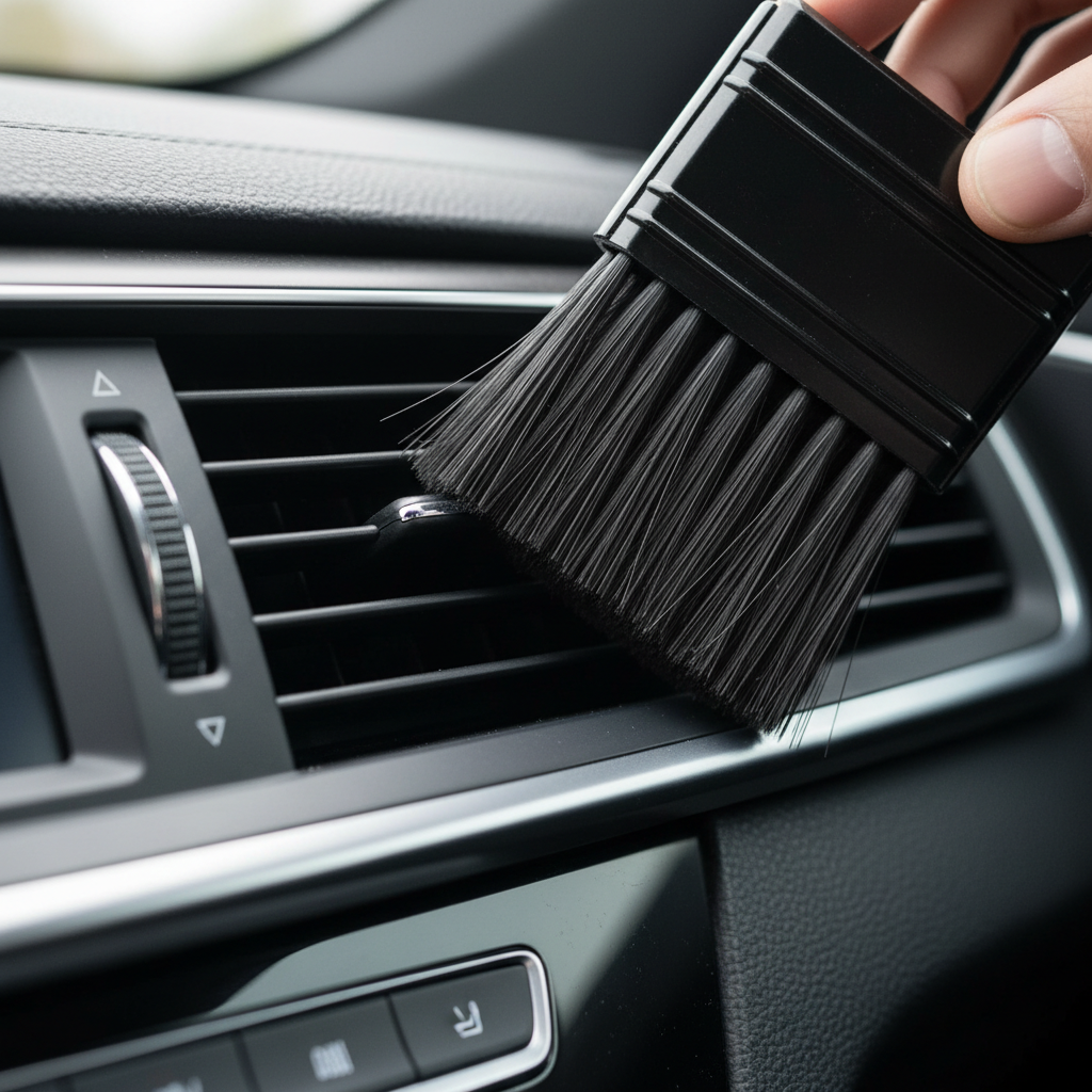 Cleaning car dashboard air vents with a detailing brush