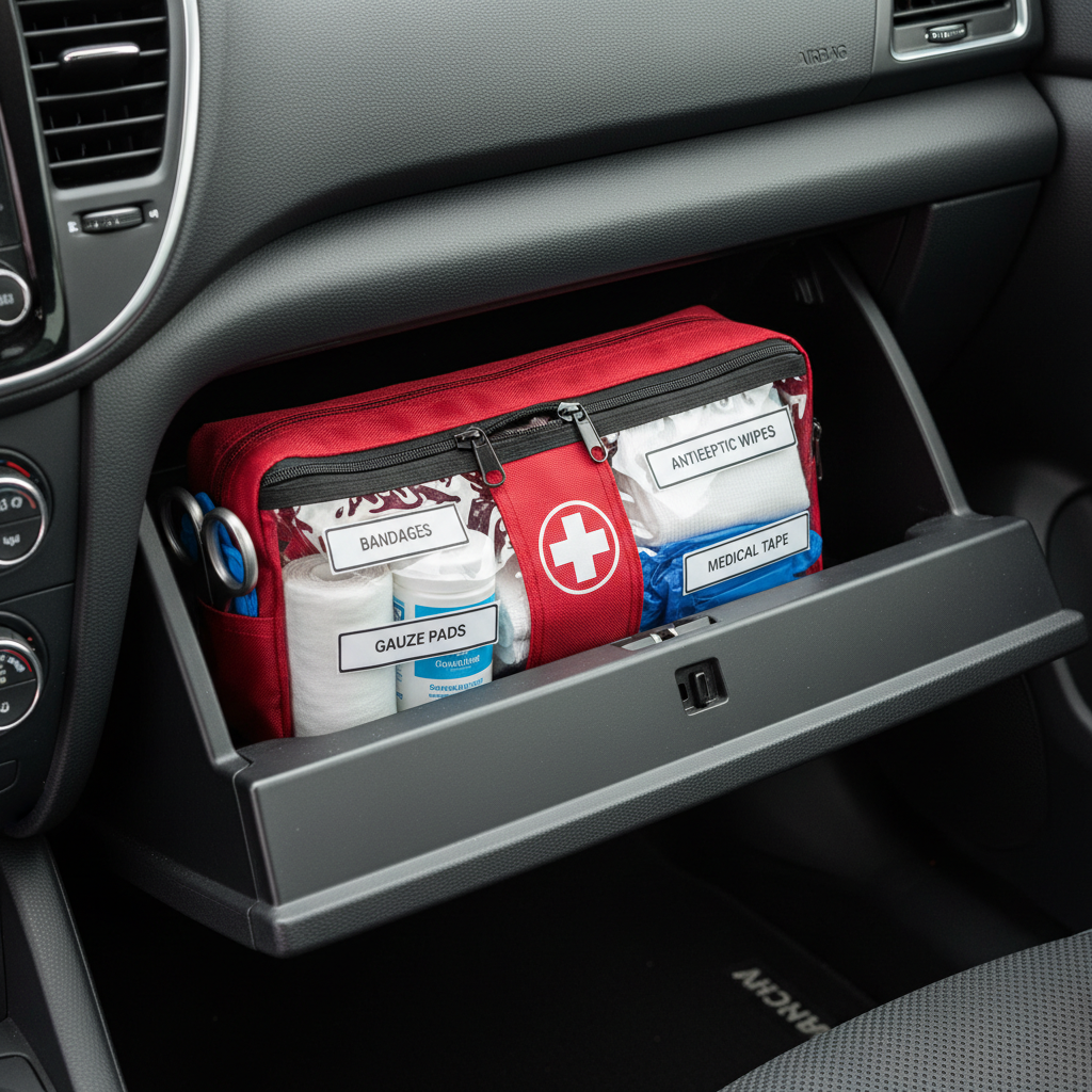 Compact first aid kit stored in a car glove box for road trips