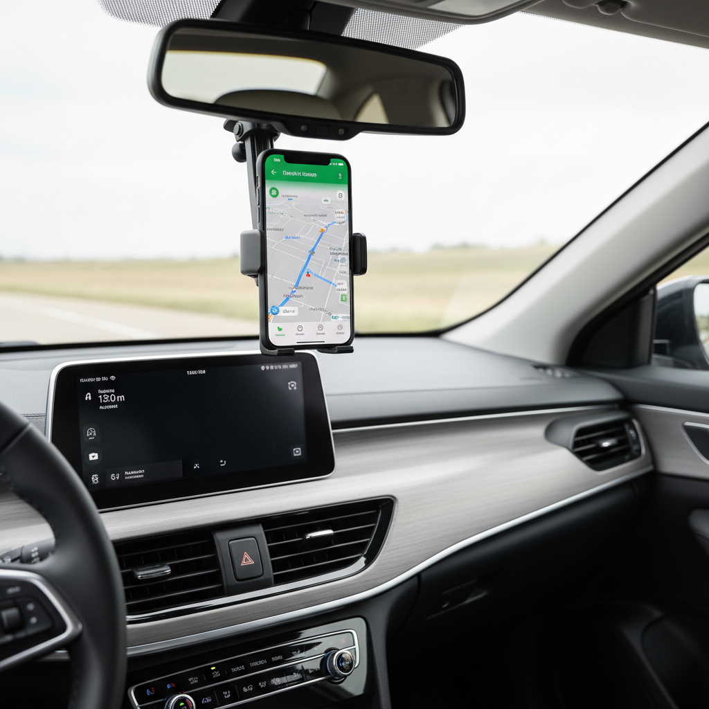 Rear view mirror phone holder mounted on mirror stem in a modern car interior