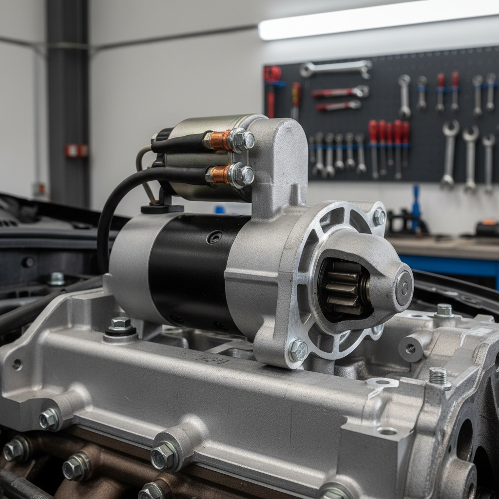 Close-up of starter motor and solenoid mounted on engine block