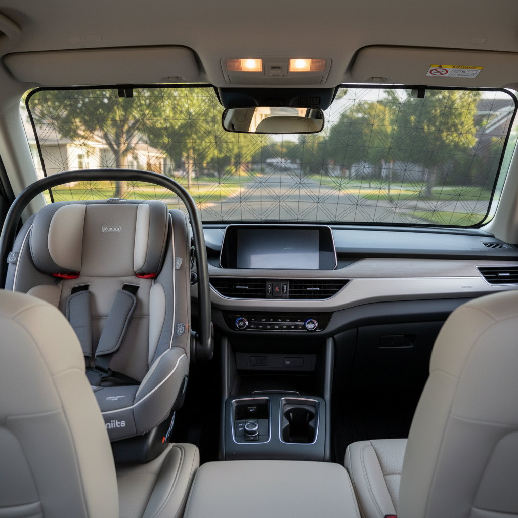 Rear window sunshade reducing glare for a rear-facing baby car seat