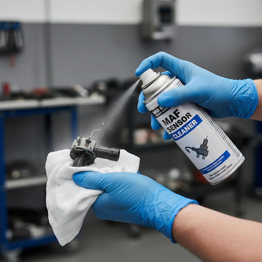Close-up of mass airflow sensor being sprayed with dedicated MAF cleaner