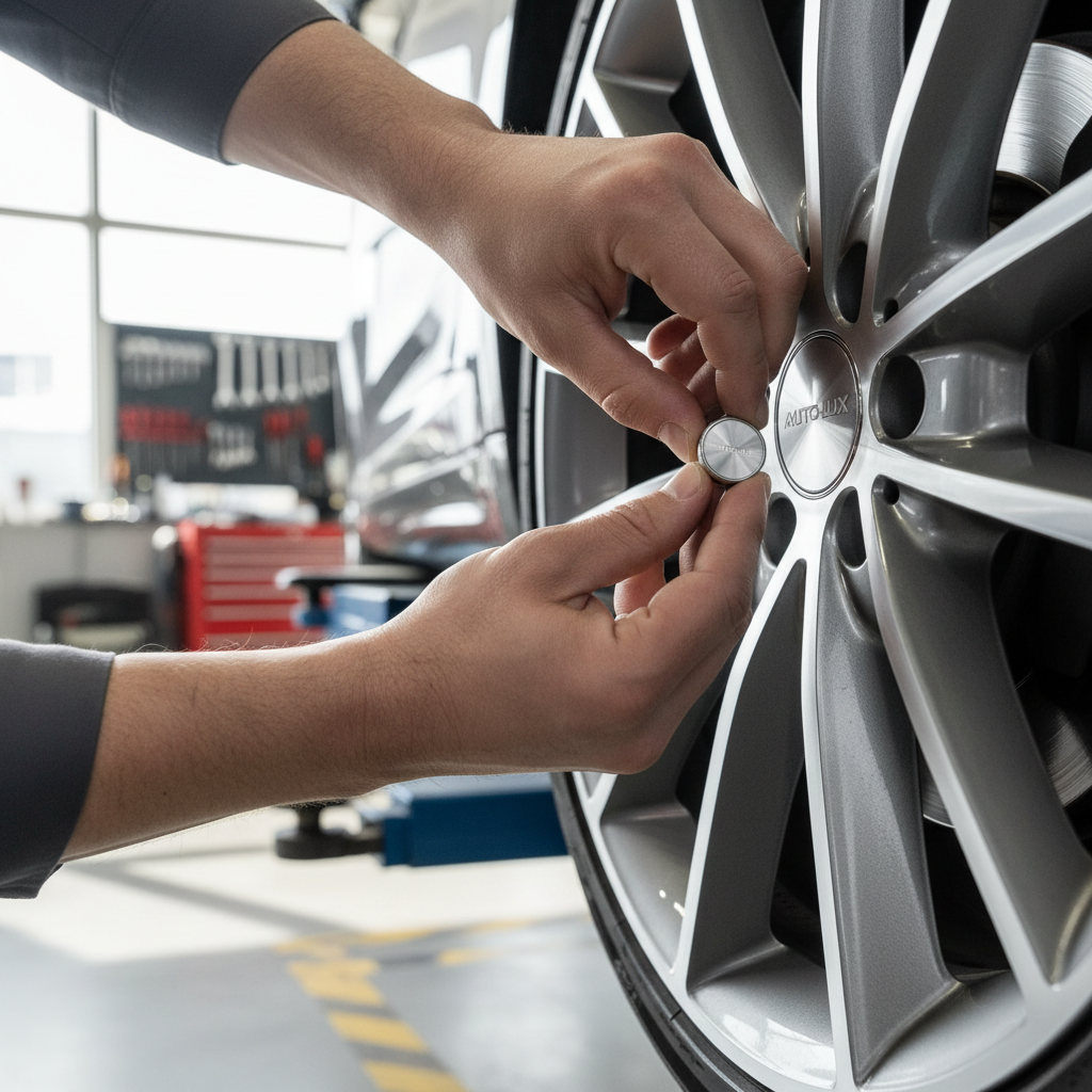 Hands installing logo valve stem caps on a tire valve safely
