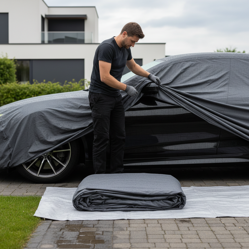 Person removing a wet winter car cover and folding it properly to avoid mildew
