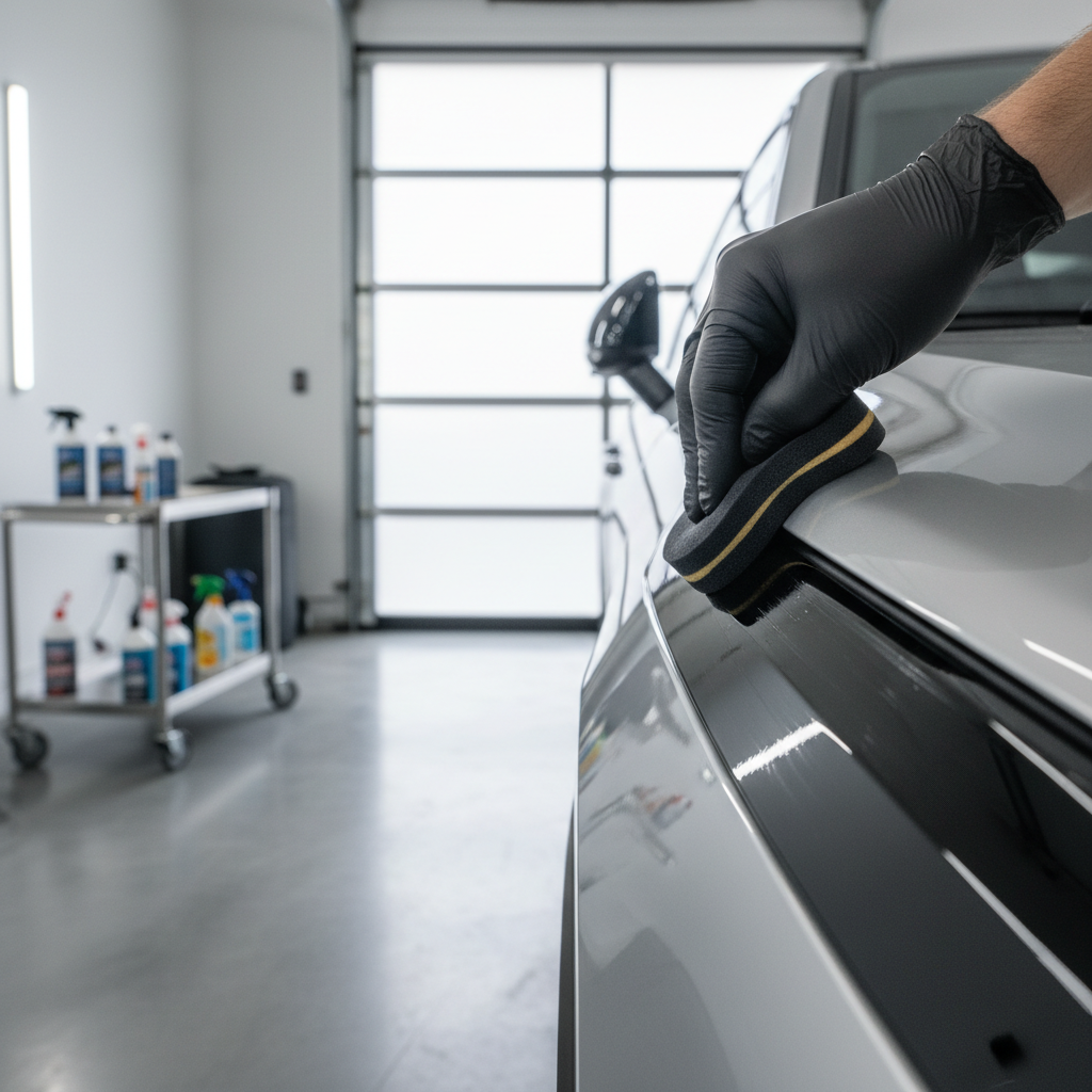 Applying trim protectant to black plastic exterior trim with a foam applicator