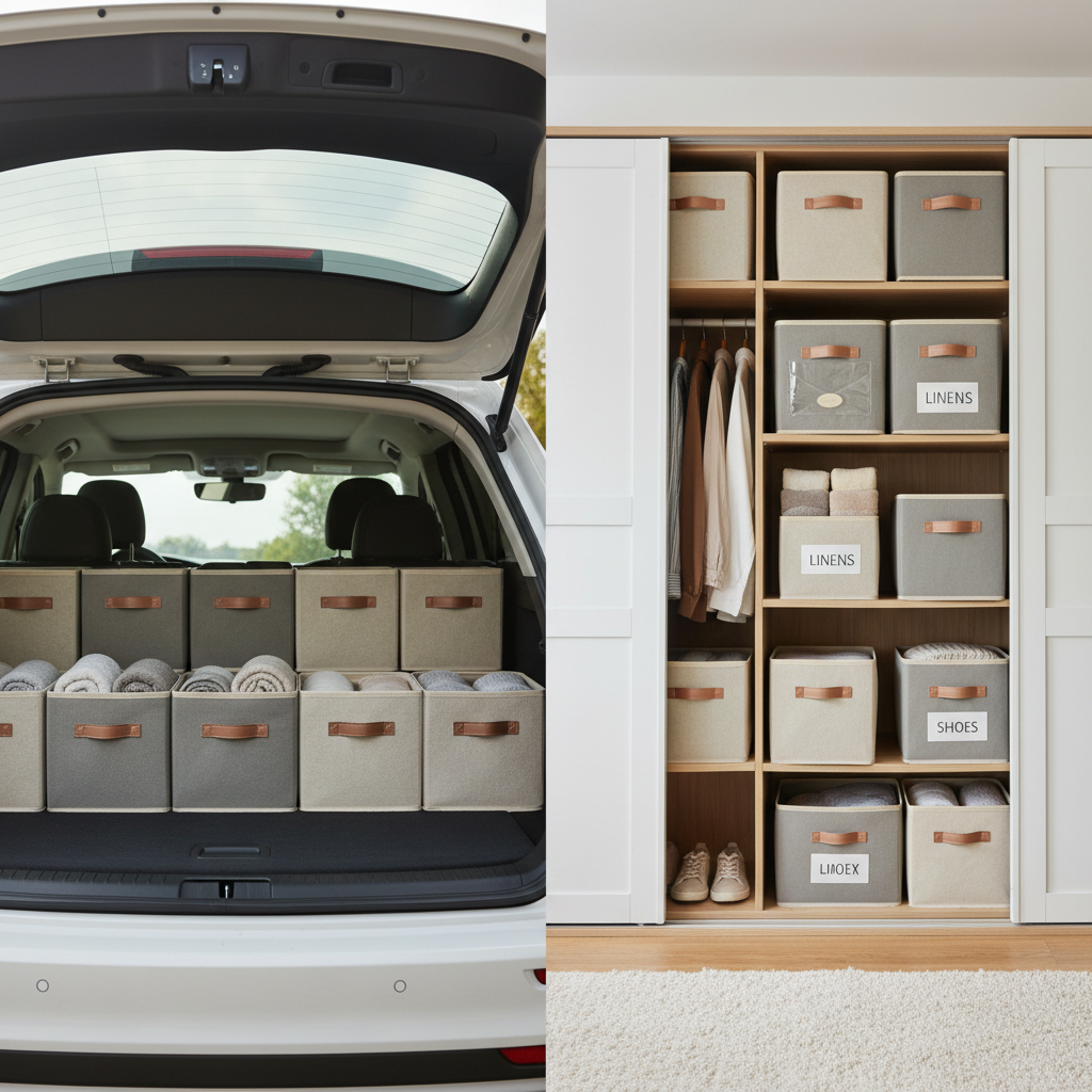 Foldable storage cubes used in a car trunk and home closet