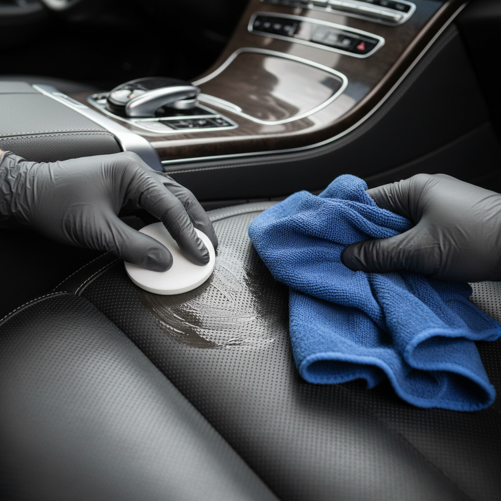 Applying leather conditioner evenly to car seat and buffing to a matte finish
