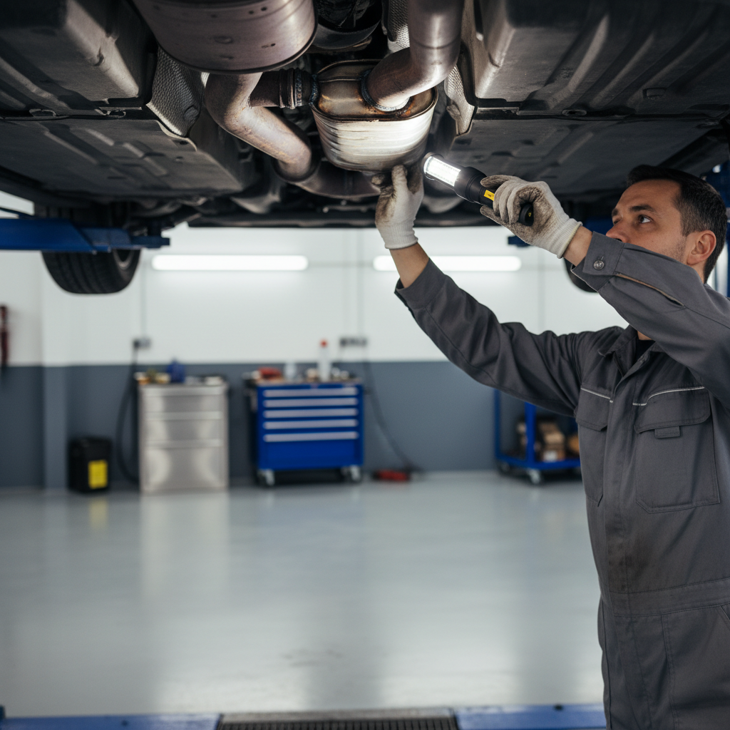 Mechanic inspecting exhaust leak and catalytic converter with flashlight