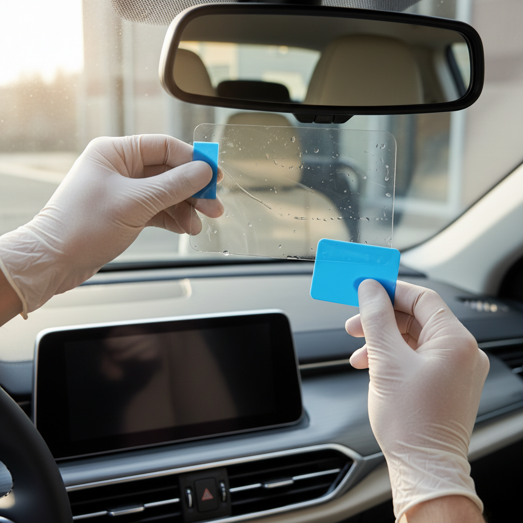 Applying anti glare film to rear view mirror using squeegee for bubble-free install