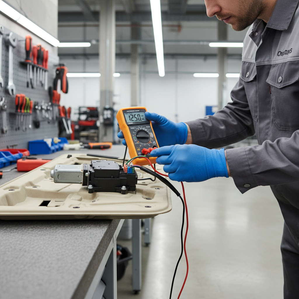 Technician using a multimeter to test voltage at a power window motor connector
