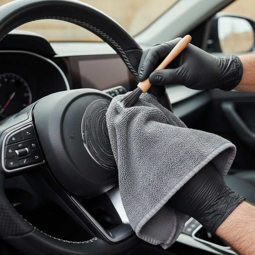 Cleaning a leather steering wheel with a soft brush and microfiber towel for a matte finish