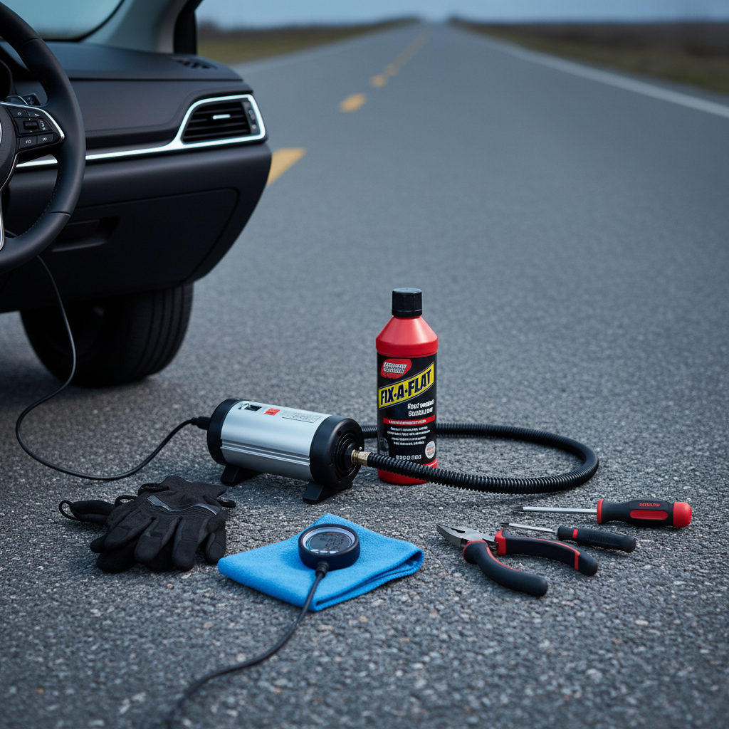 Roadside tire repair kit with sealant, 12V inflator, gloves, and pressure gauge