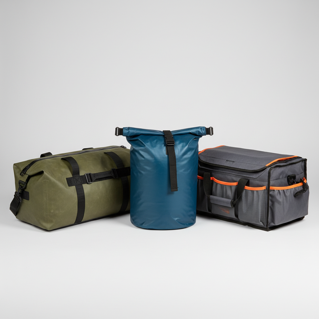 Comparison of waterproof duffel, roll-top dry bag, and trunk organizer for camping gear