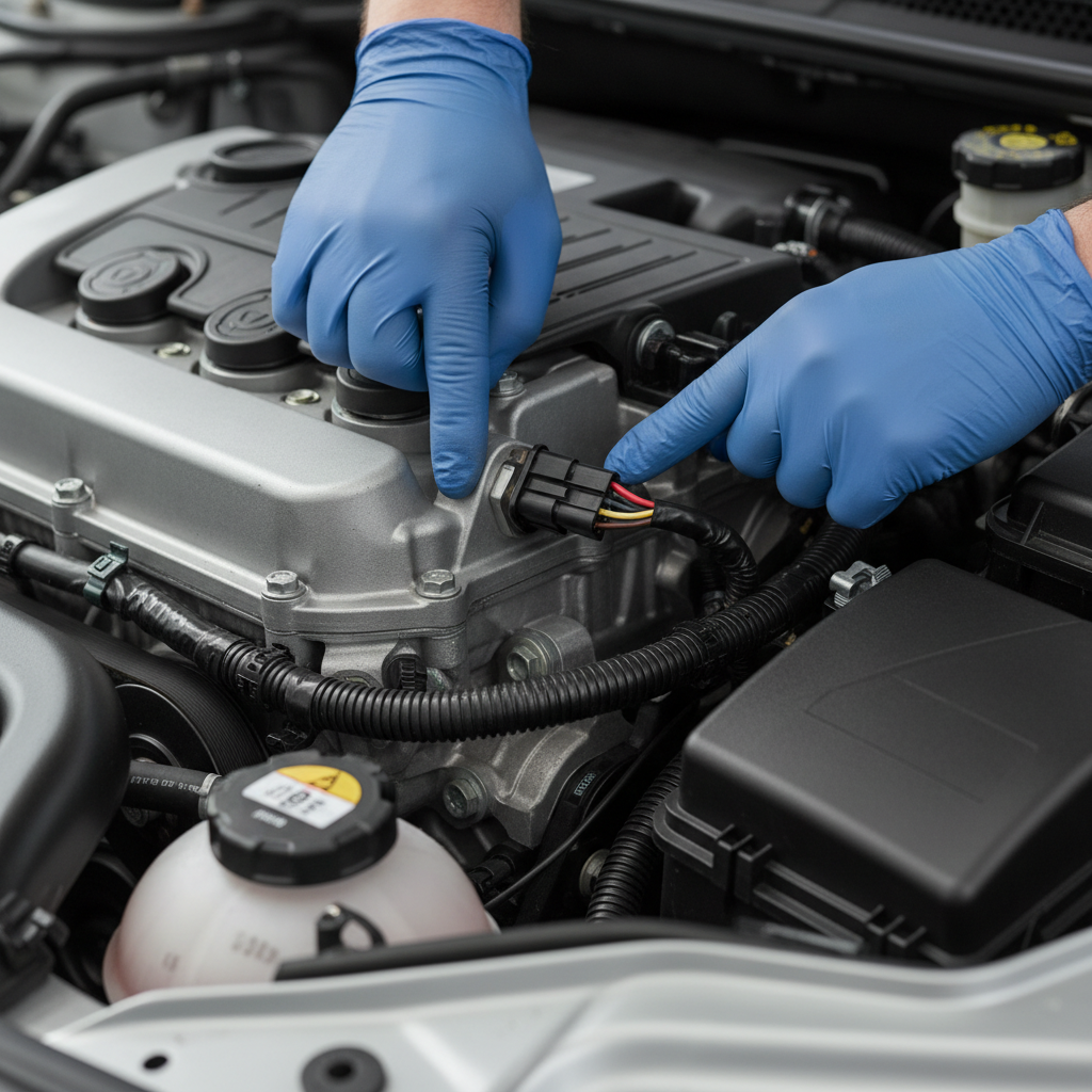 Technician inspecting camshaft sensor wiring near engine valve cover