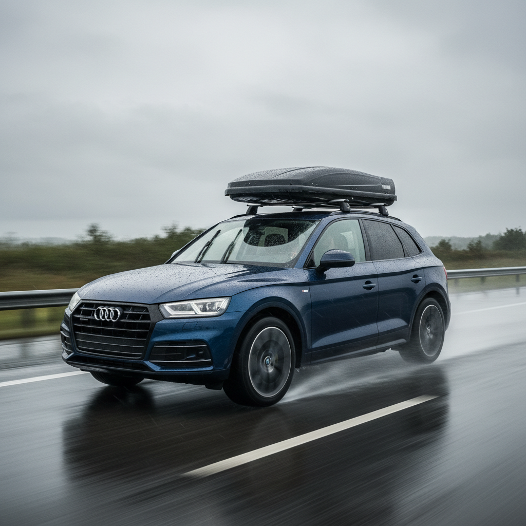Waterproof car roof box on SUV in rainy highway conditions
