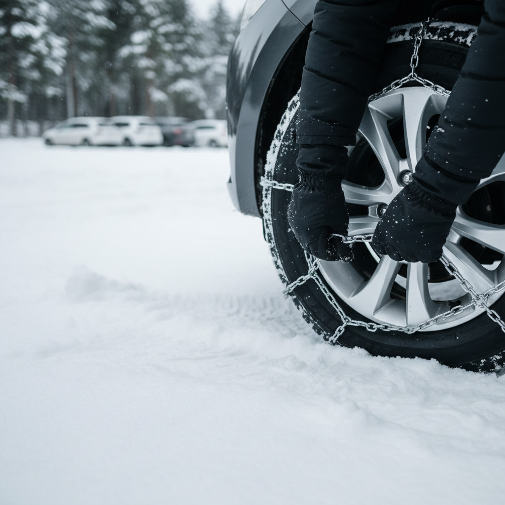 Driver installing tire chains on a small car tire in winter conditions