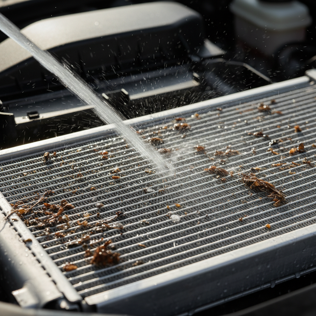 Close-up of radiator fins with bugs and debris being rinsed gently from engine side outward