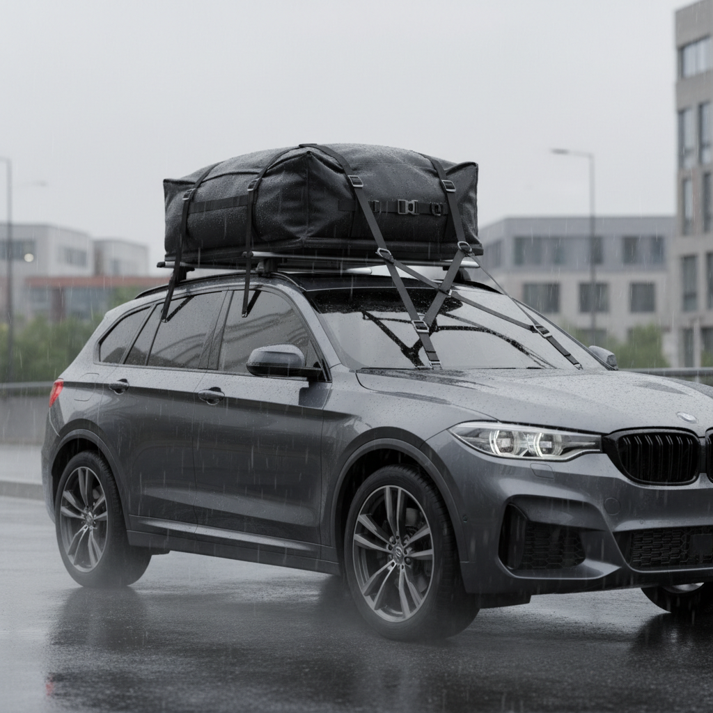 Roof cargo bag strapped to roof rack in rainy camping travel setup