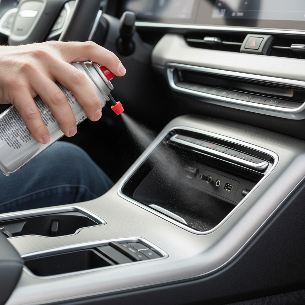 Cleaning a car AUX port with compressed air in center console