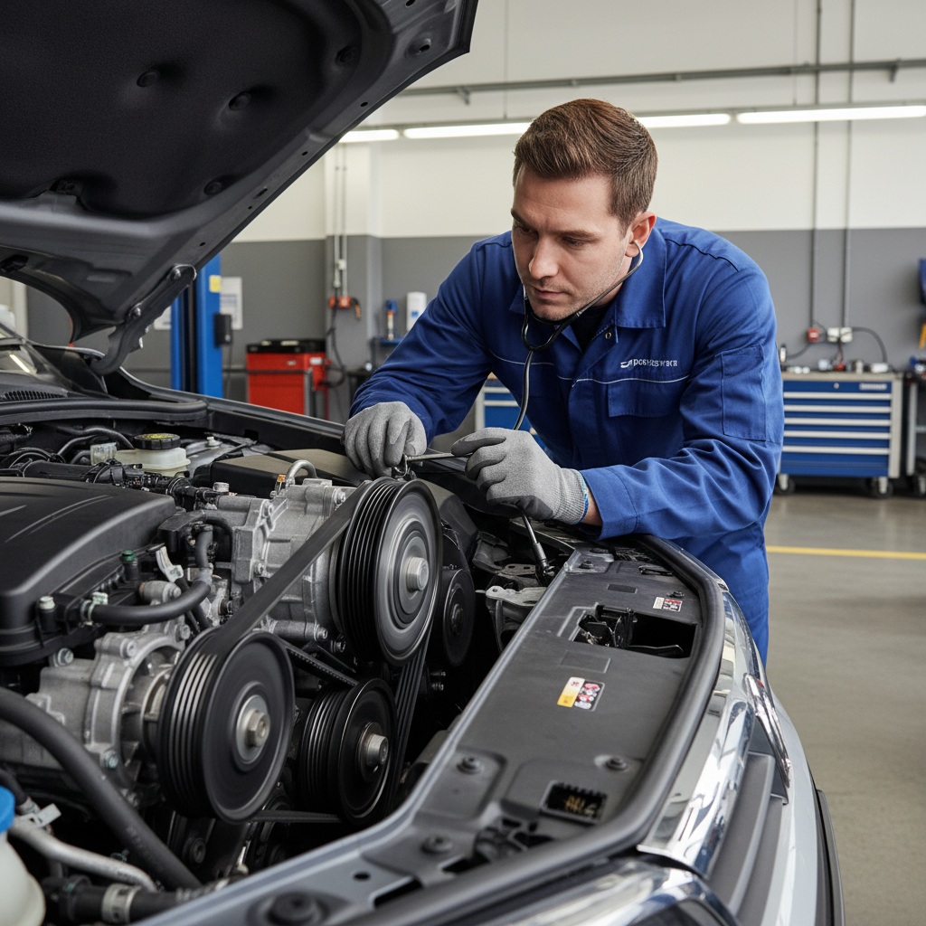 Mechanic listening for power steering pump whining noise near pulley