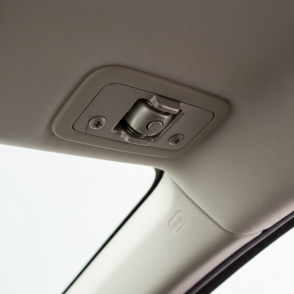 Close-up of car sun visor hinge and mounting screws showing wear points