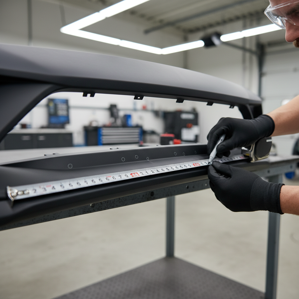 Technician measuring bumper sensor hole positions for front and rear parking sensors