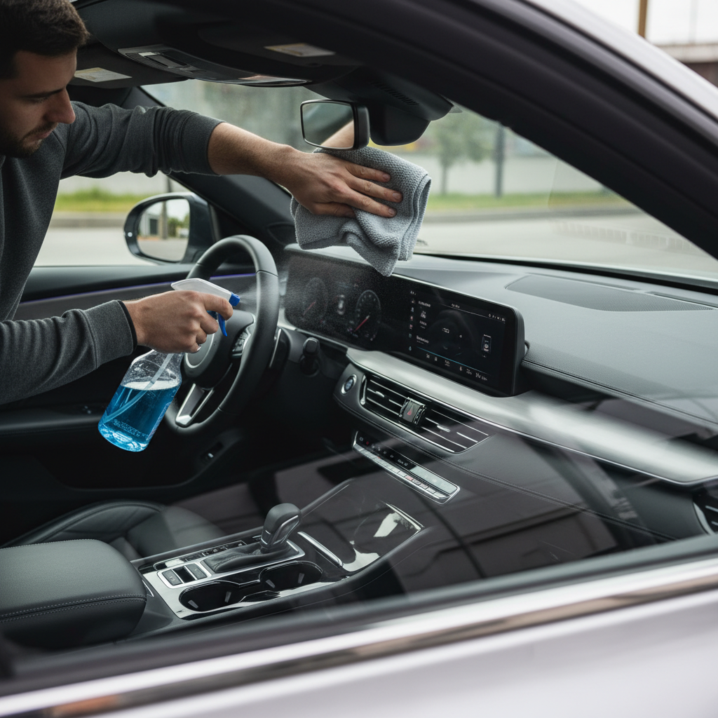 Cleaning car interior windshield with microfiber towel for a streak-free finish
