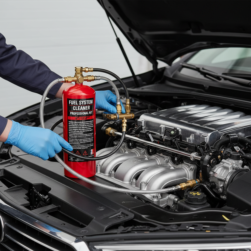 Fuel rail cleaning kit connected to engine bay for injector cleaning