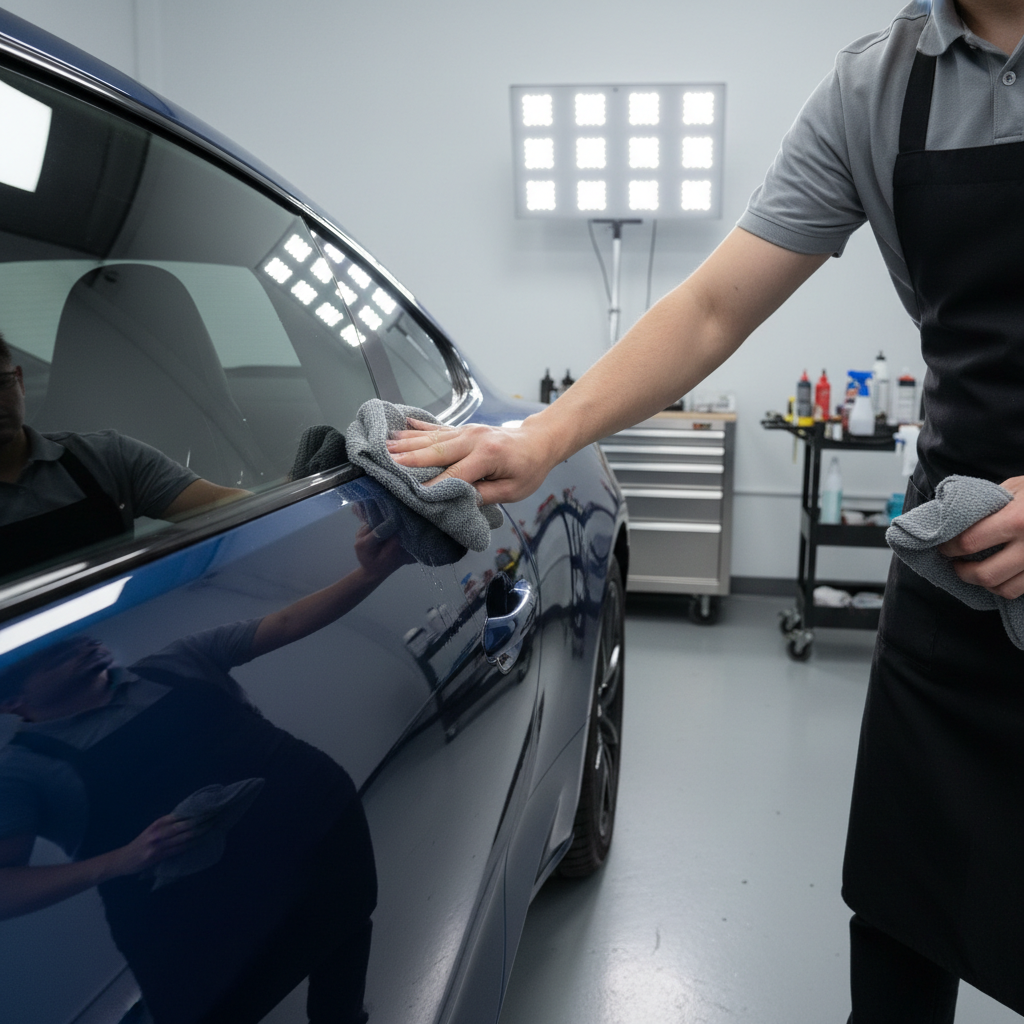 Car detailer leveling ceramic coating under garage lighting