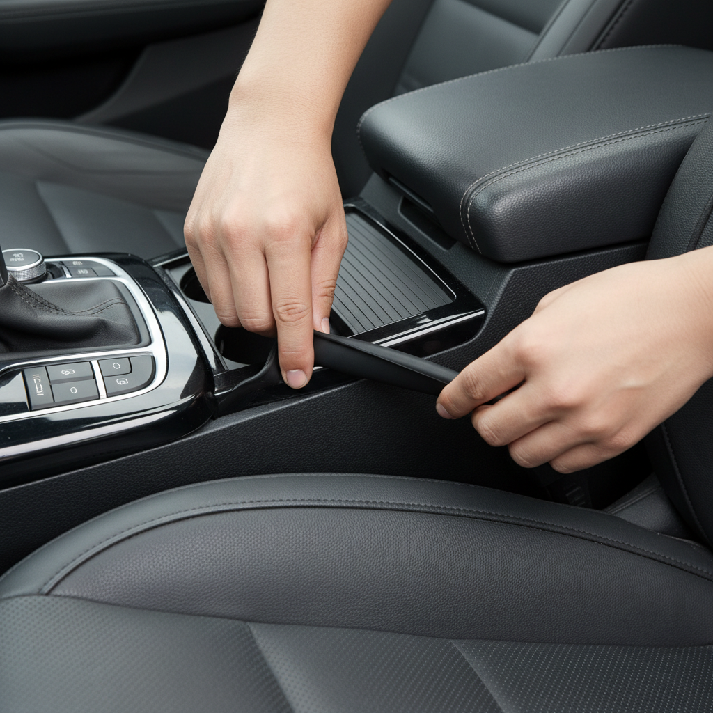 Installing a car seat gap filler next to the seat belt buckle without blocking controls