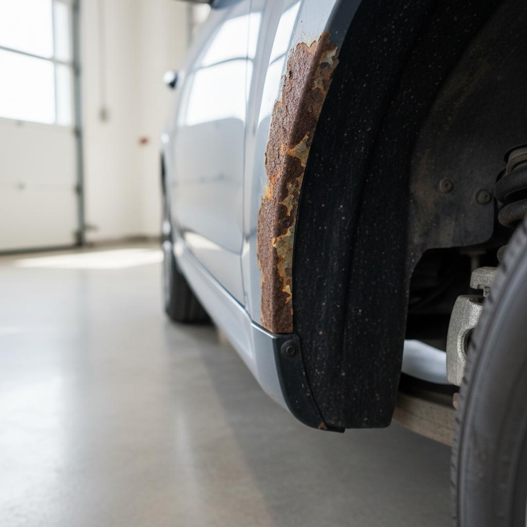 Rust forming inside a car wheel well near the fender lip