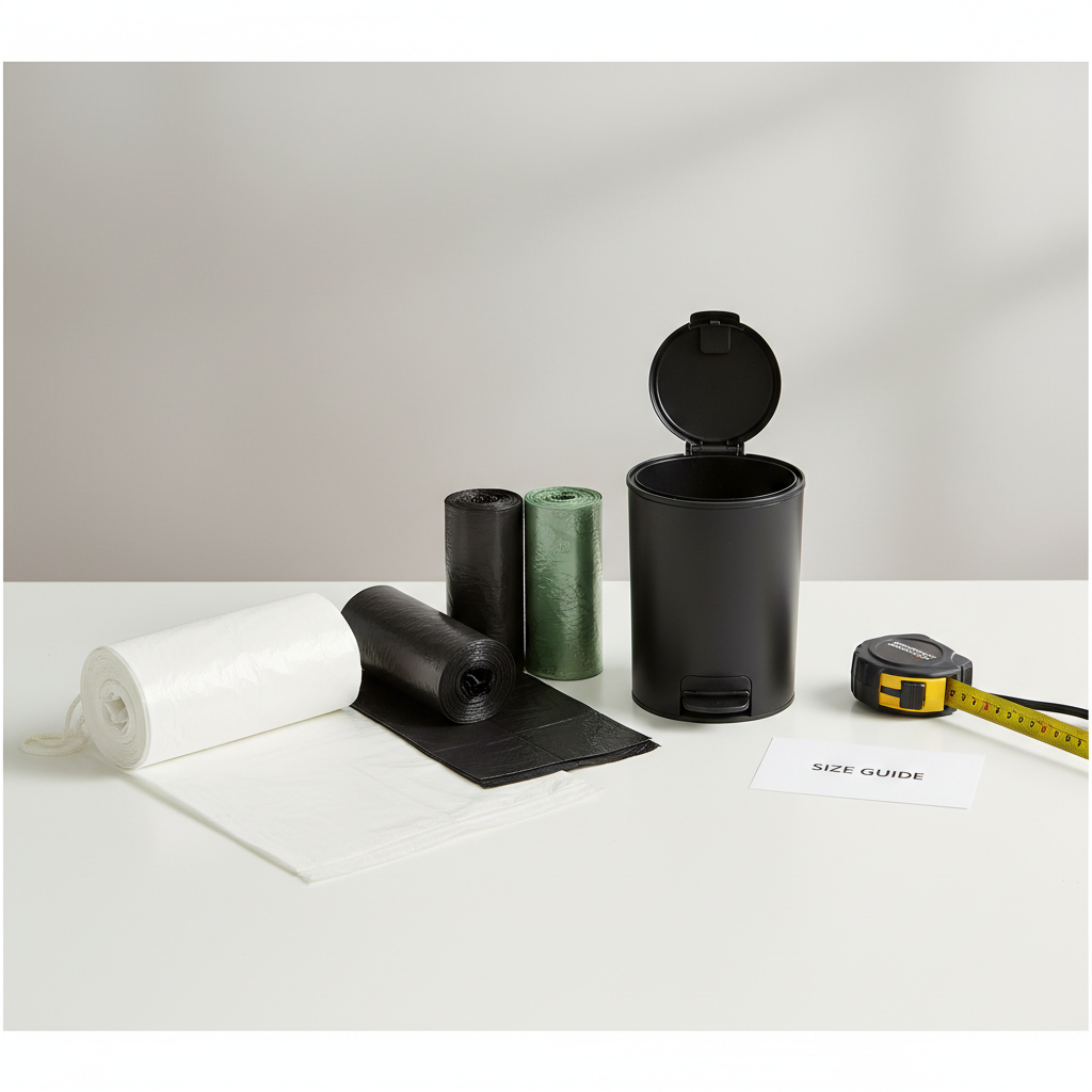 Different sizes of car trash bags and drawstring liners next to a small car trash can
