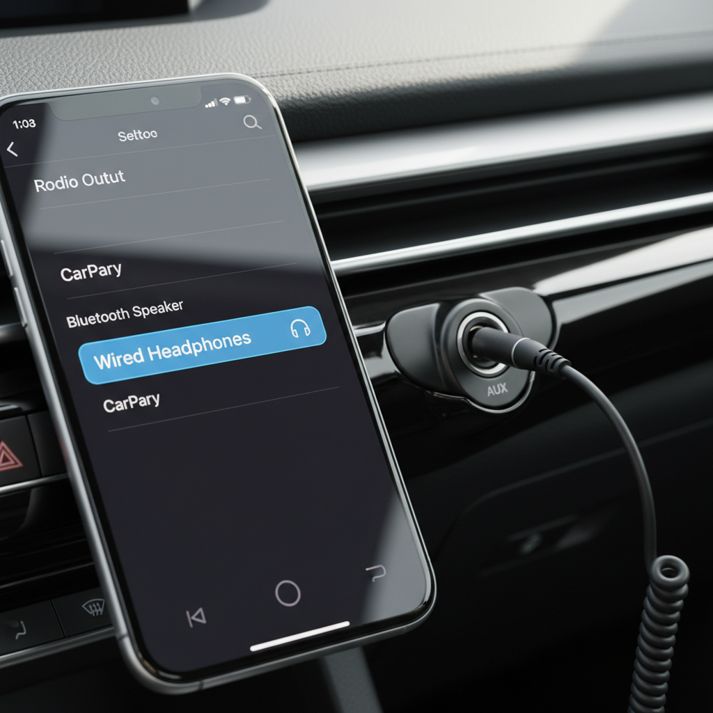 Phone audio output settings showing wired headphones selection for AUX