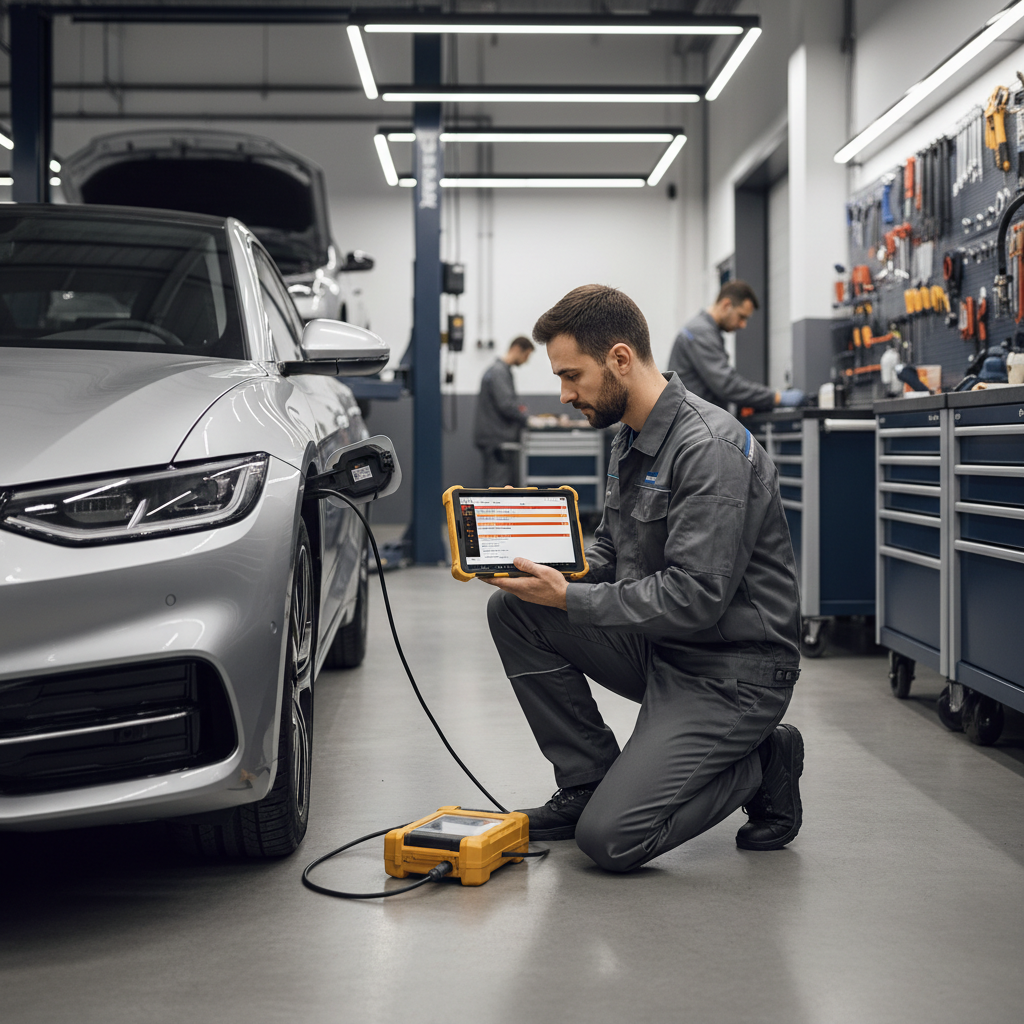 Mechanic scanning OBD2 codes for engine stalling at idle