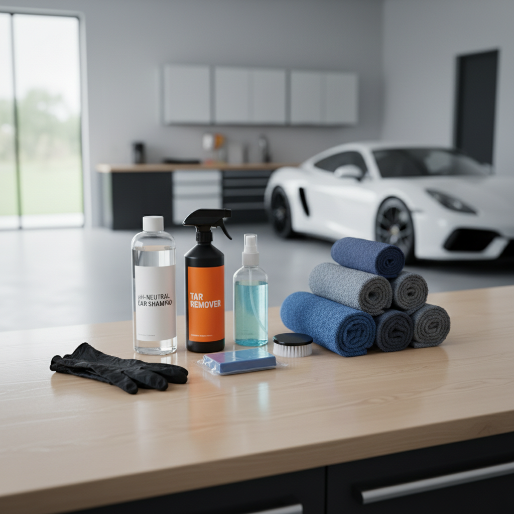 Car detailing supplies for tar removal laid out on a workbench
