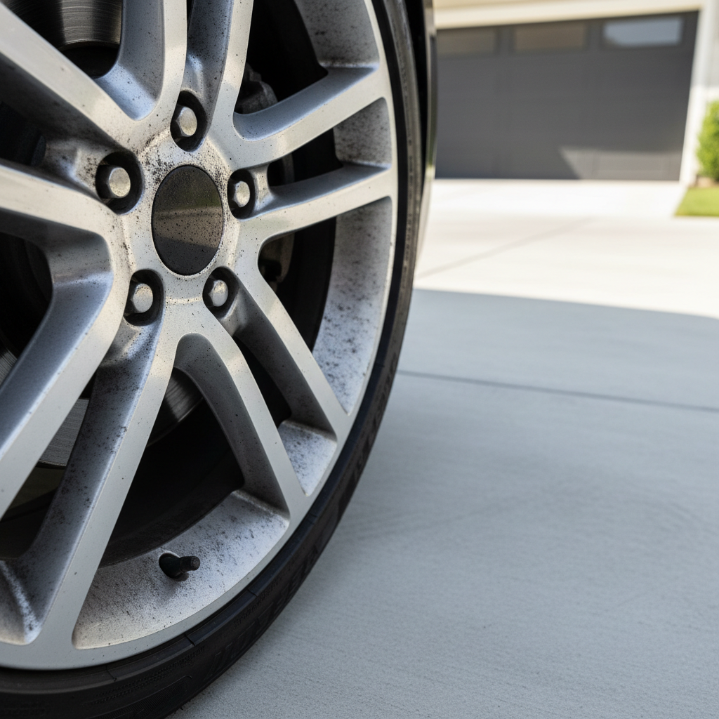 Close-up of heavy brake dust buildup on an alloy wheel before cleaning