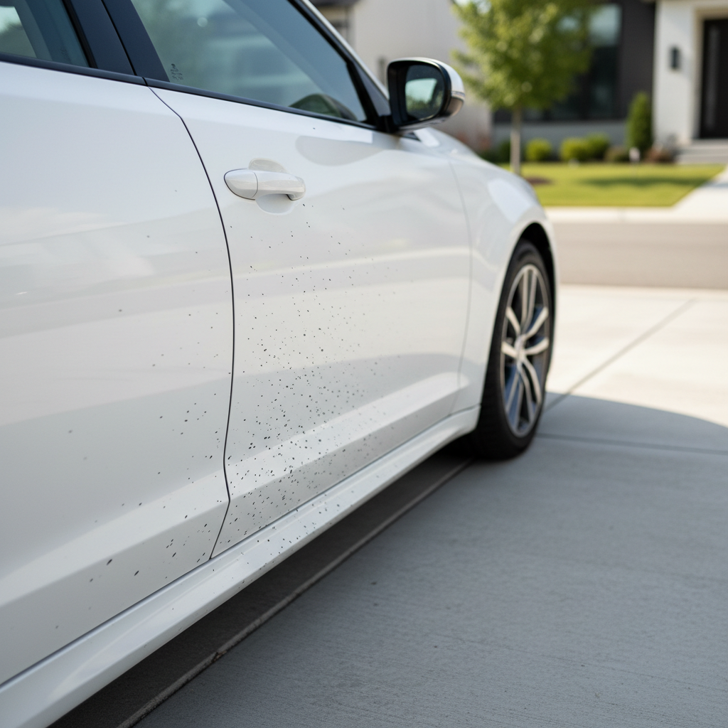 Road tar spots on lower car doors before cleaning