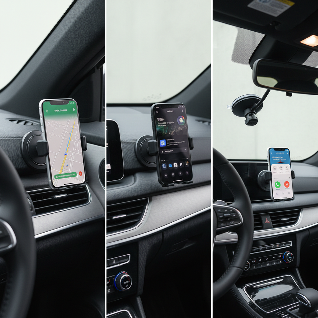 Comparison of vent, dashboard, and windshield magnetic phone mount positions in a car interior