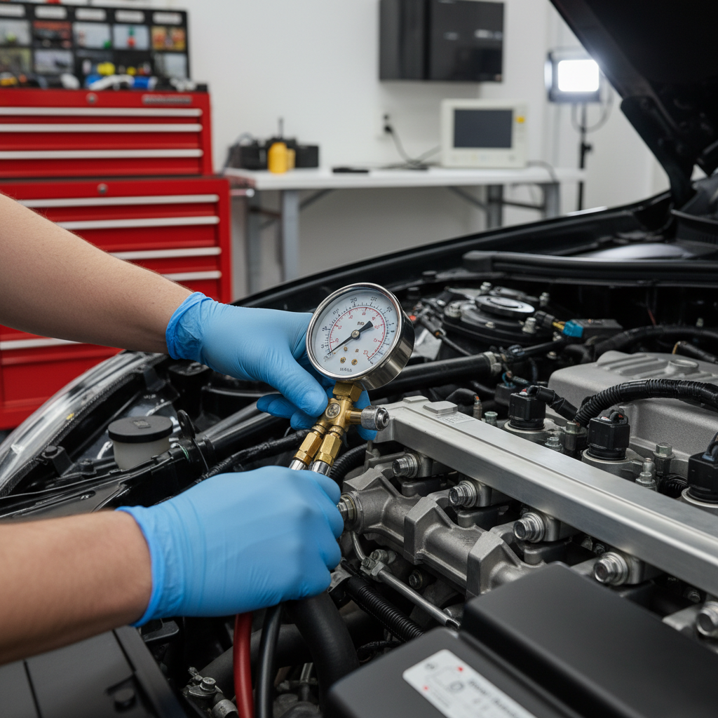 Fuel pressure gauge connected to fuel rail for diagnostic testing
