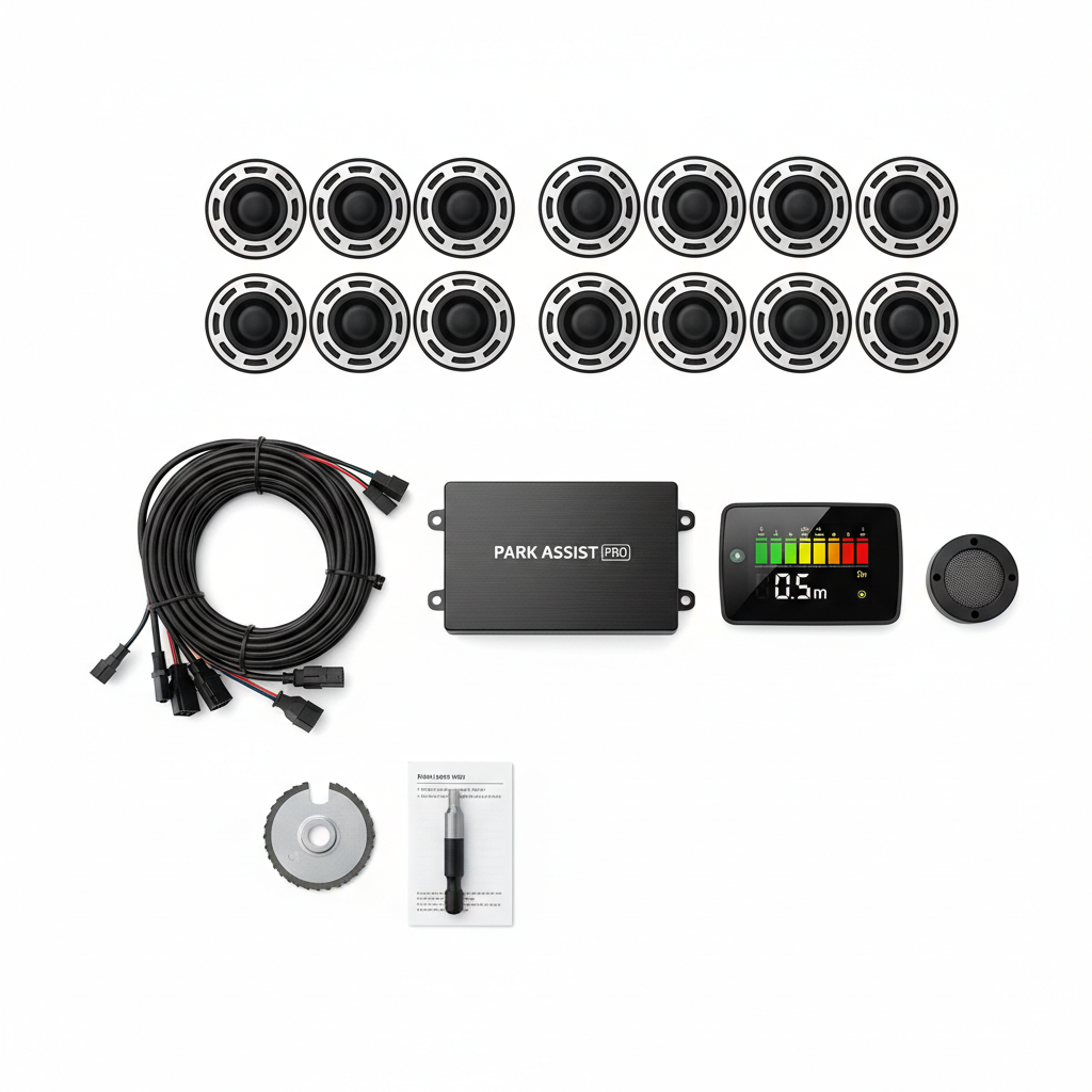 Parking sensor kit components including control module display and wiring harness