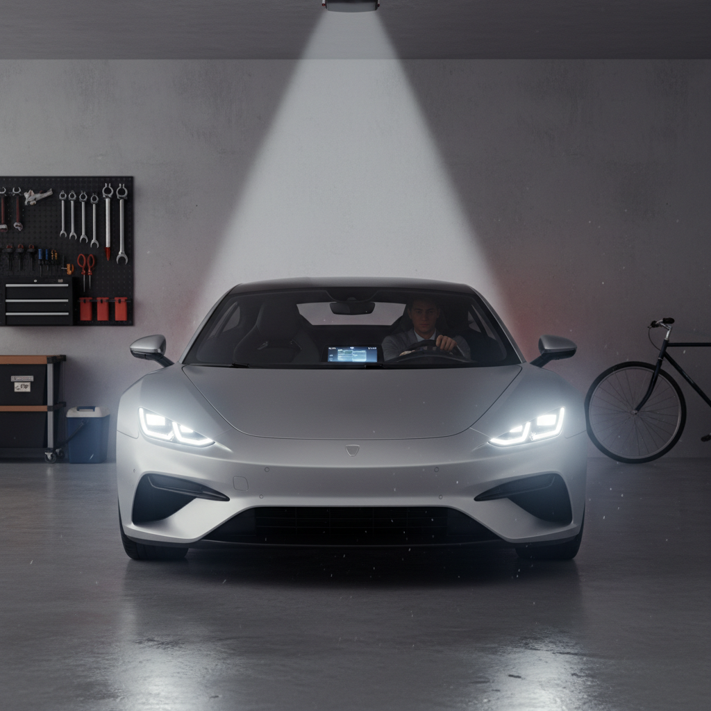 Driver observing headlight brightness while starting the car in a garage