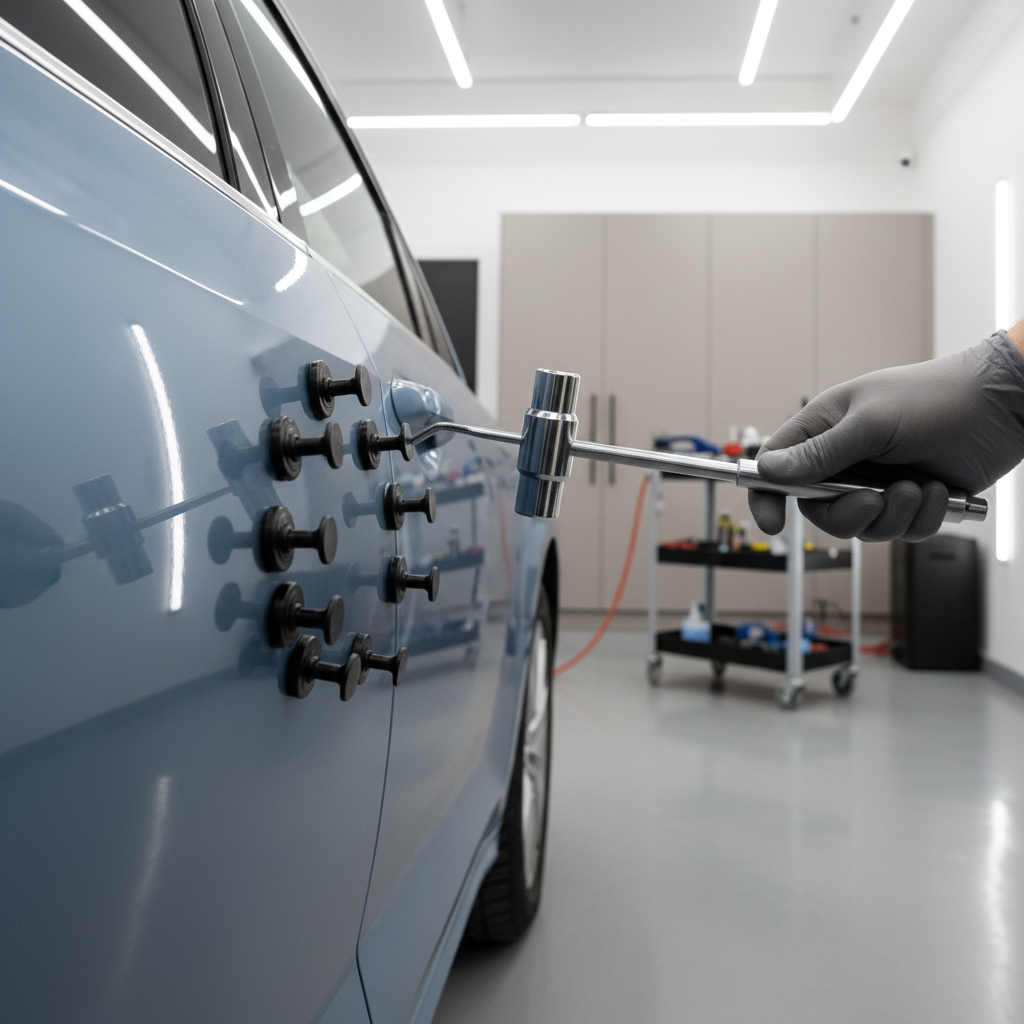 Glue pulling setup for paintless dent repair on a car door