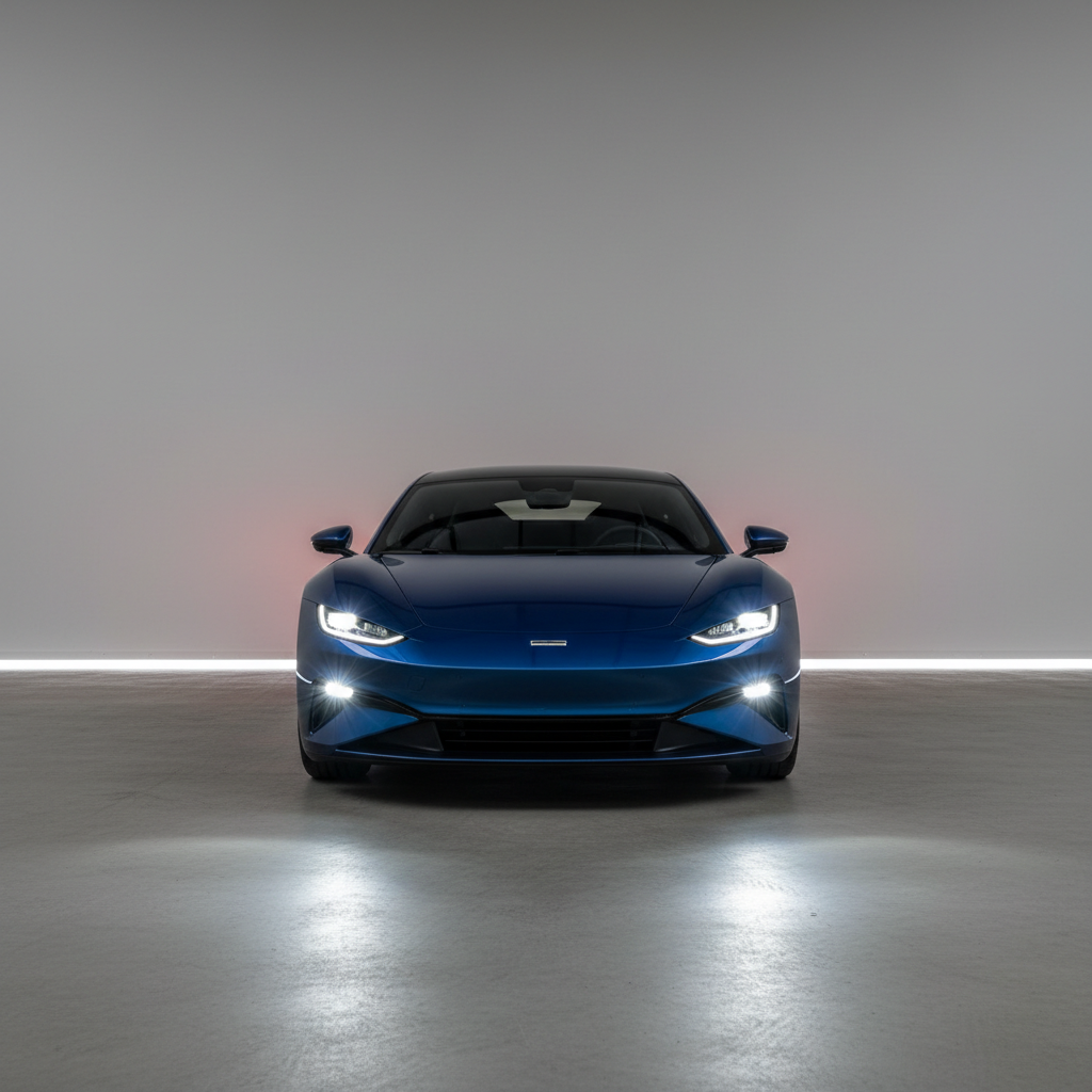 Fog light beam pattern aligned low and wide against a garage wall