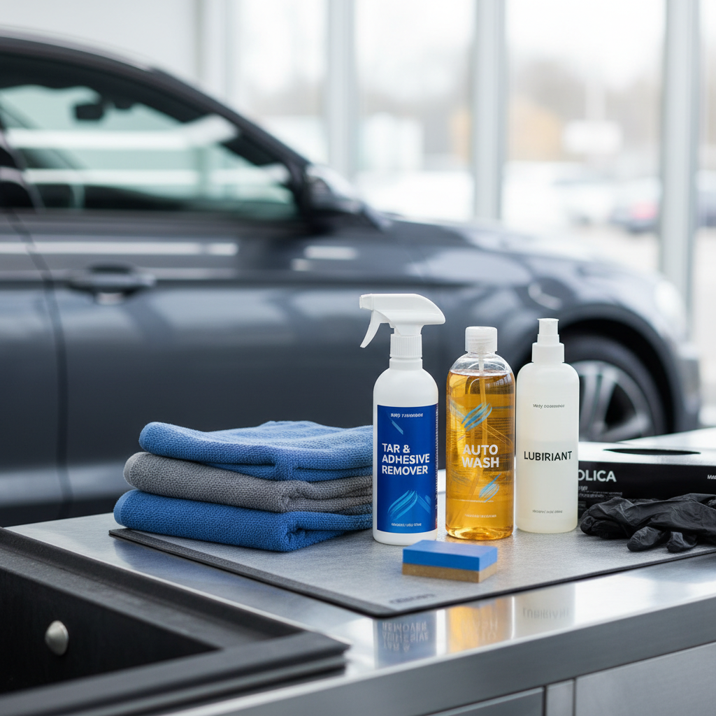 Car detailing supplies for removing tar from lower doors