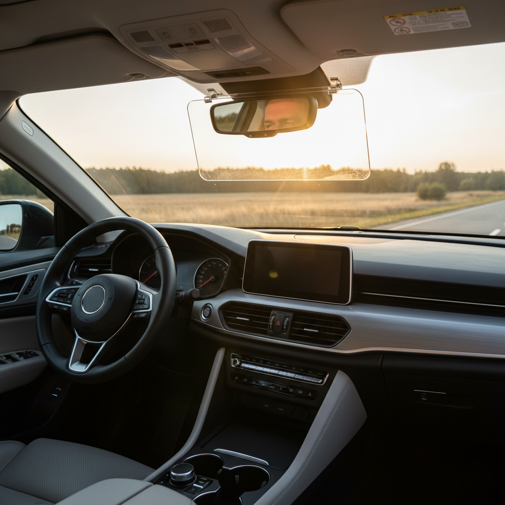 Car sun visor extender installed for low sun glare near the horizon