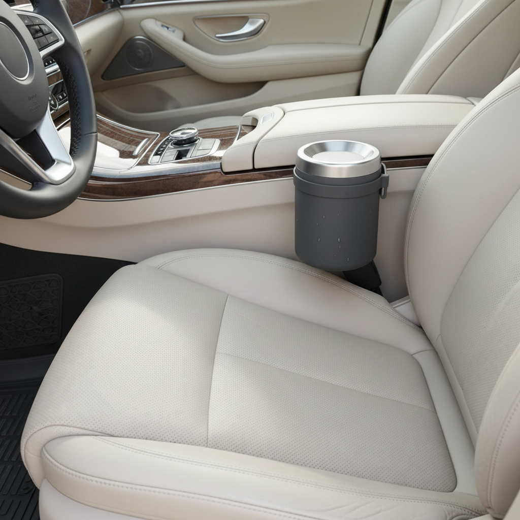 Leak proof front seat car trash can mounted near center console
