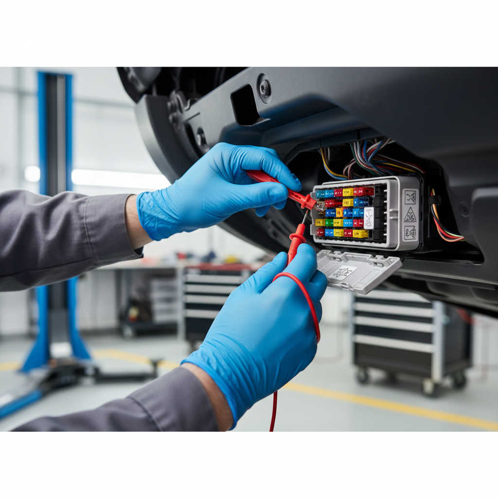 Mechanic checking car fuse box for power door lock circuit
