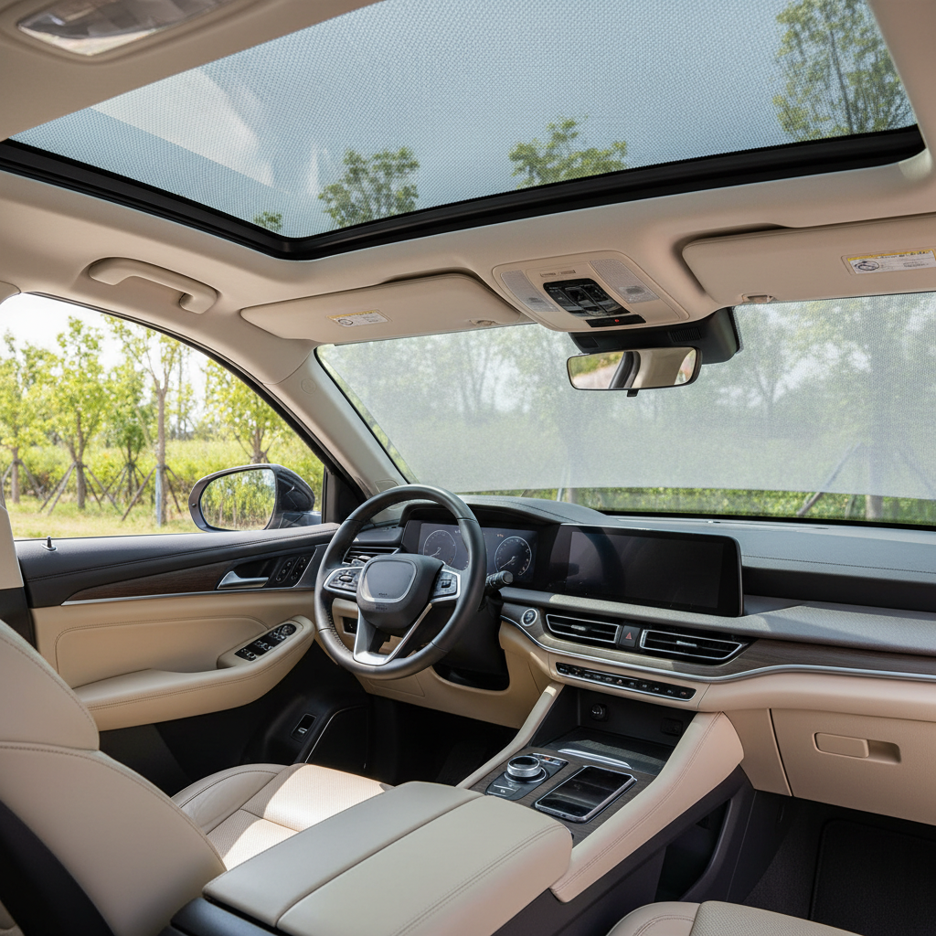 Car interior with panoramic moonroof and fitted sun shade reducing glare