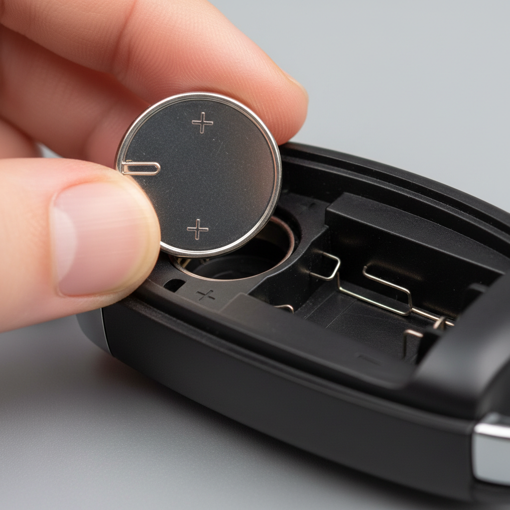 Close-up of coin cell battery orientation inside a key fob
