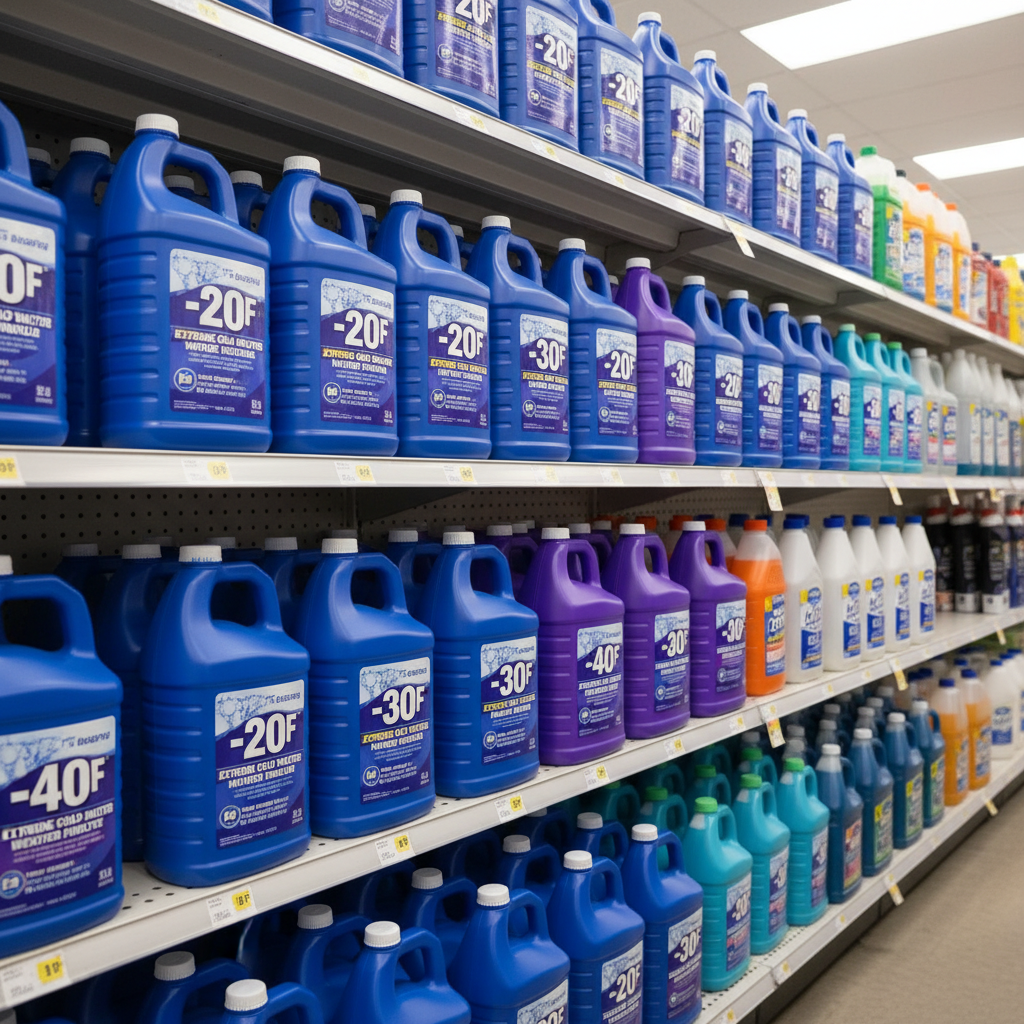 Comparison of winter washer fluid temperature ratings on store shelf